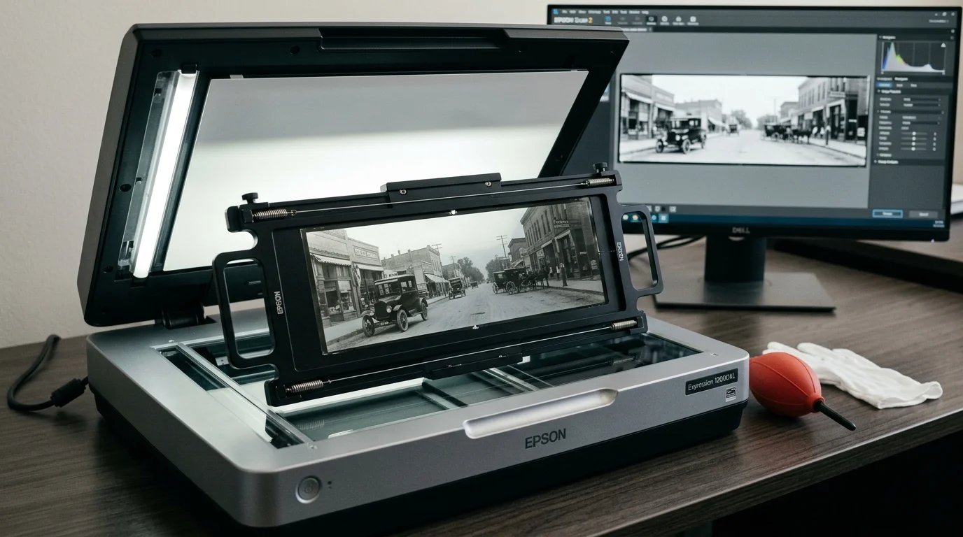 A vintage photographic film negative mounted in a spring-loaded tension carrier inside an open flatbed scanner on a desk.