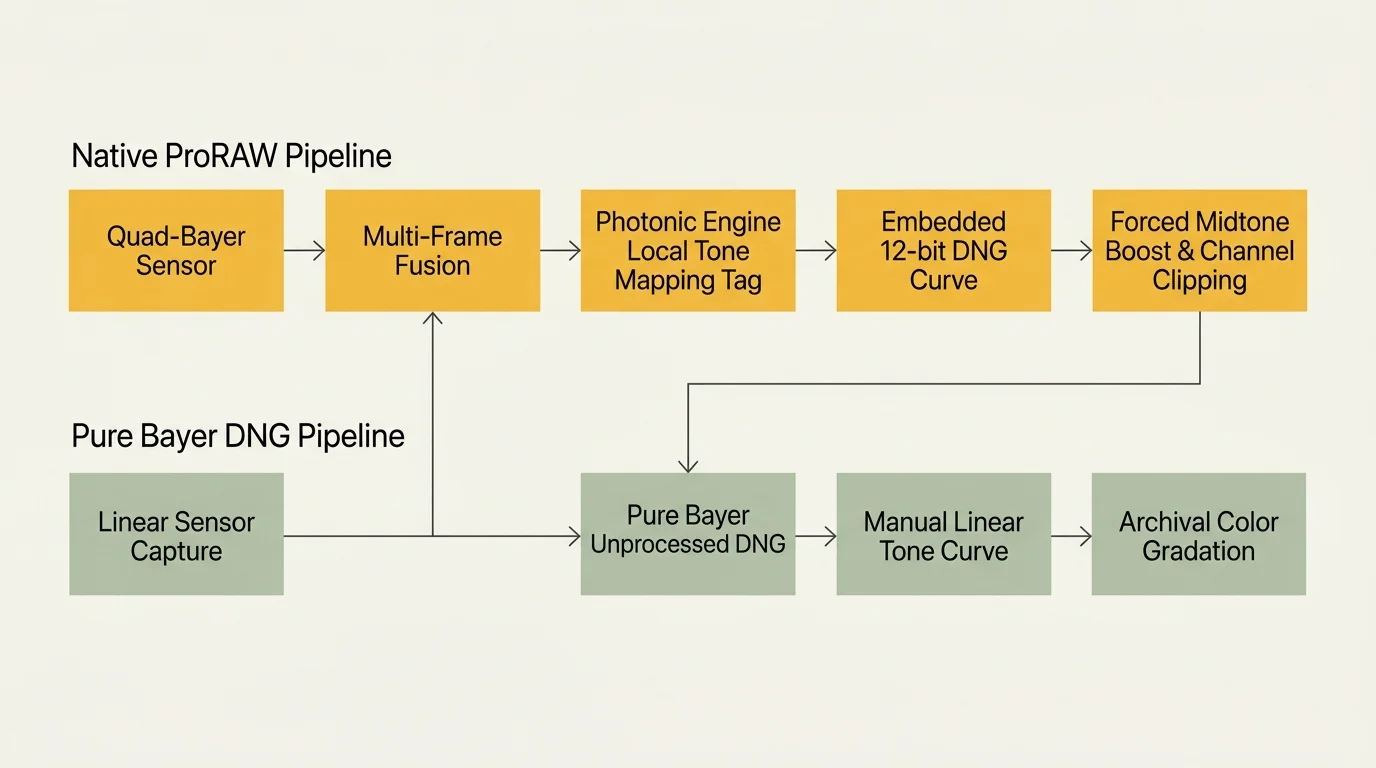 Diagram comparing Native ProRAW and Pure Bayer DNG processing pipelines with flowcharts of labeled steps.