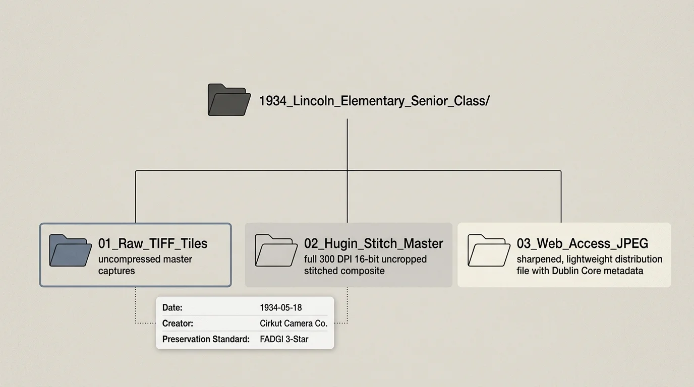 Diagram of a folder tree dividing raw TIFF tiles, a stitched master, and web-access JPEG copies with metadata.