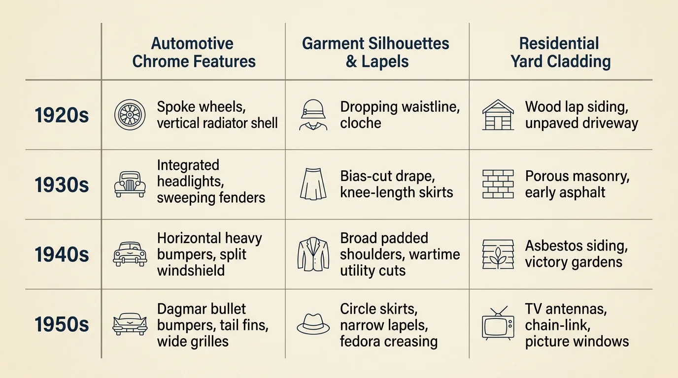 Table comparing automotive features, garment silhouettes, and yard cladding across decades from the 1920s to 1950s.
