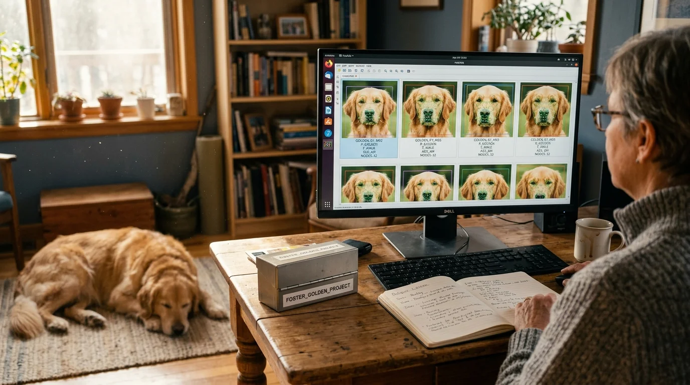 Person at a wooden desk viewing facial recognition grid scans of golden retrievers on a monitor, with a dog lying nearby.