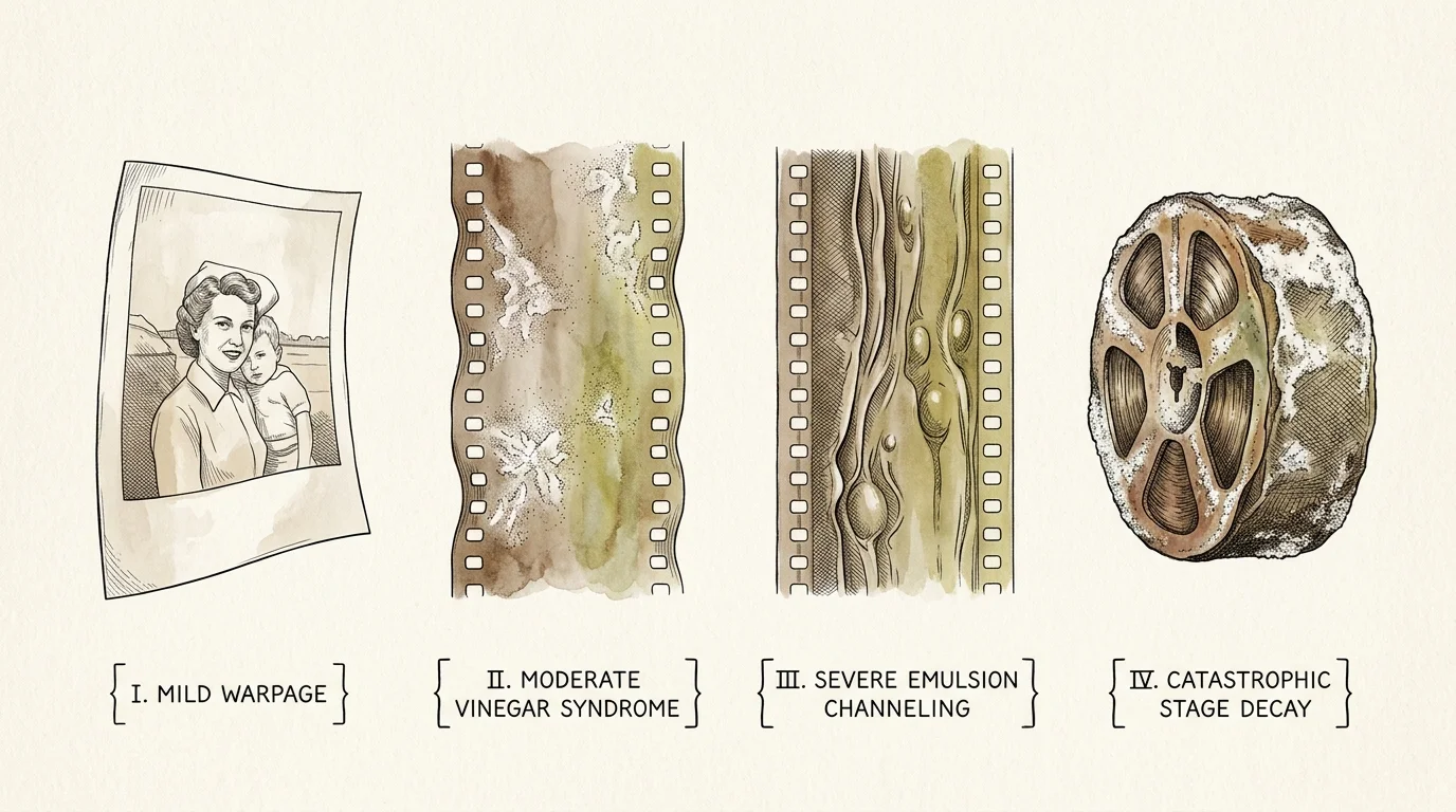 Four-stage watercolor diagram of decaying media: warped photo print, bubbling film strip, channeled film, and degraded reel.