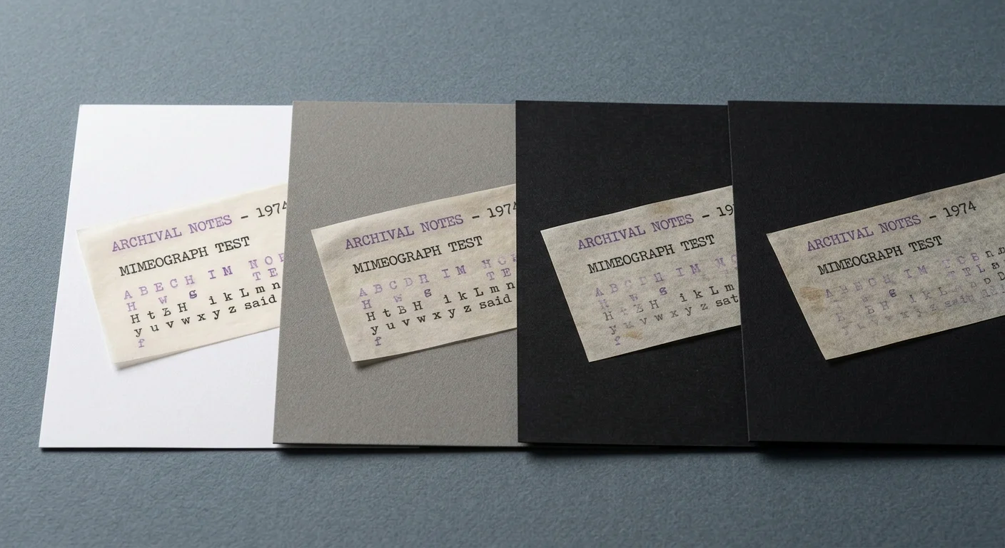 Translucent mimeograph test strips placed over white, gray, dark charcoal, and black backing cards on a table.