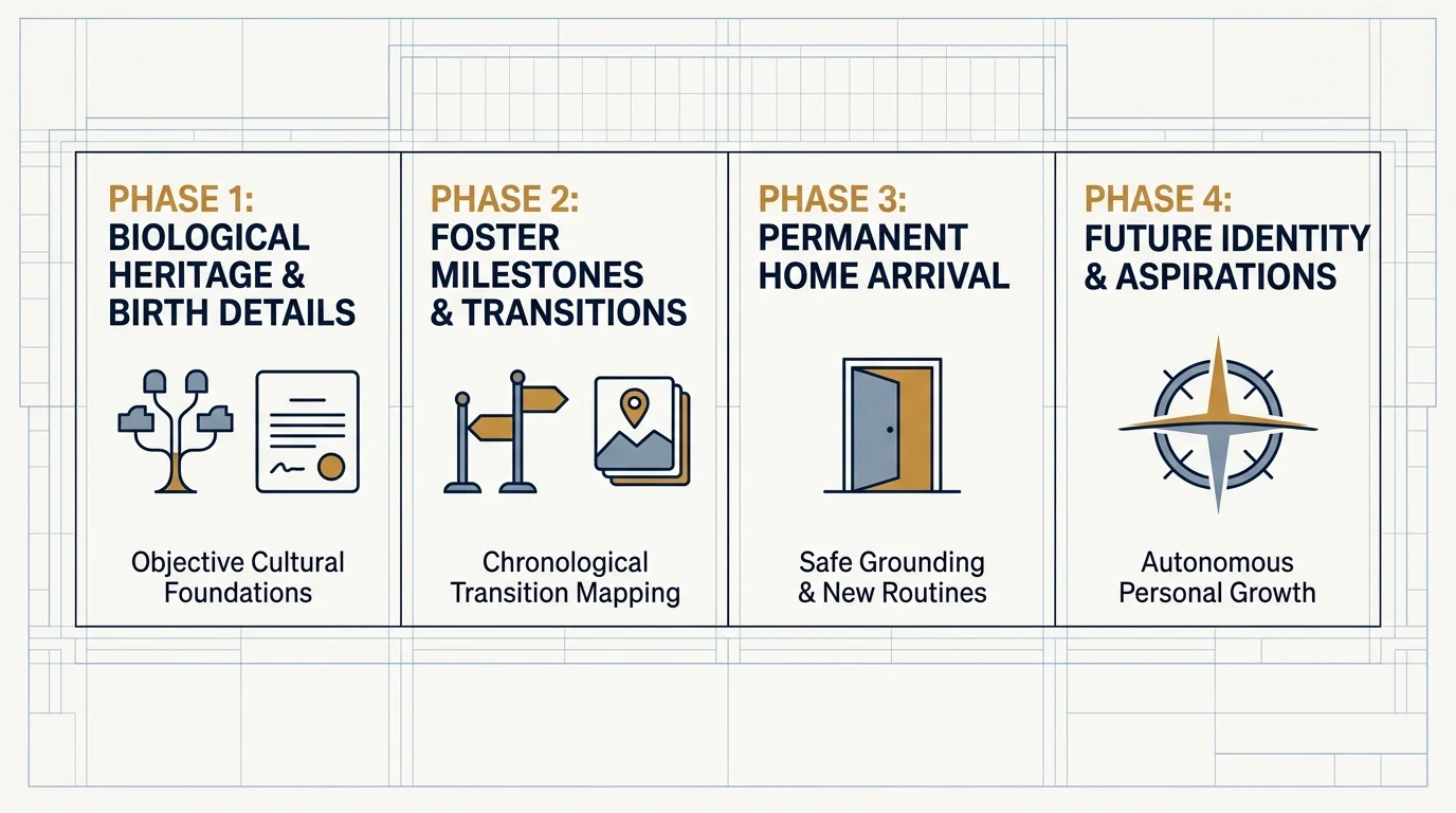 Diagram displaying four adoption lifebook phases: biological heritage, foster transitions, permanent home, and aspirations.