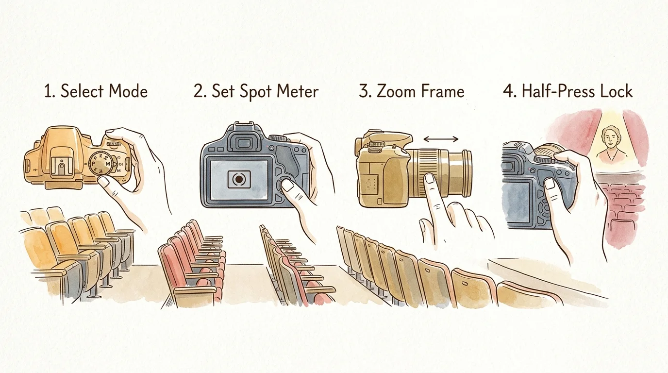 Four-step diagram showing camera adjustments above theater seats, from mode dial selection to half-pressing the shutter.