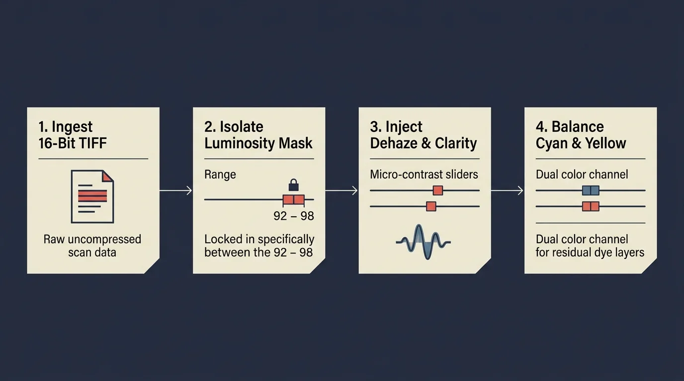 Four-step diagram showing workflow stages: ingest 16-bit TIFF, isolate luminosity mask, inject dehaze and clarity, and balance color.