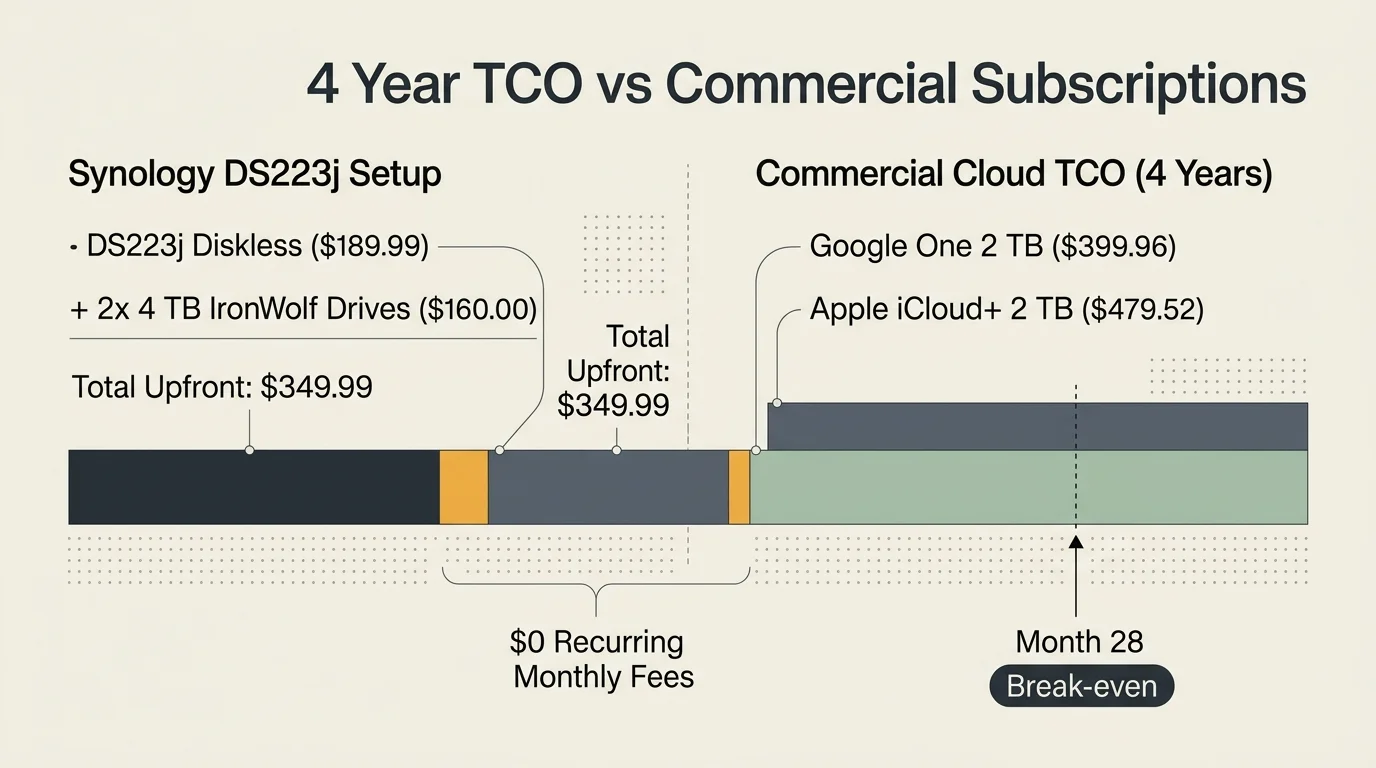 Diagram comparing Synology DS223j setup costs against 4-year commercial cloud TCO for Google One and Apple iCloud+.
