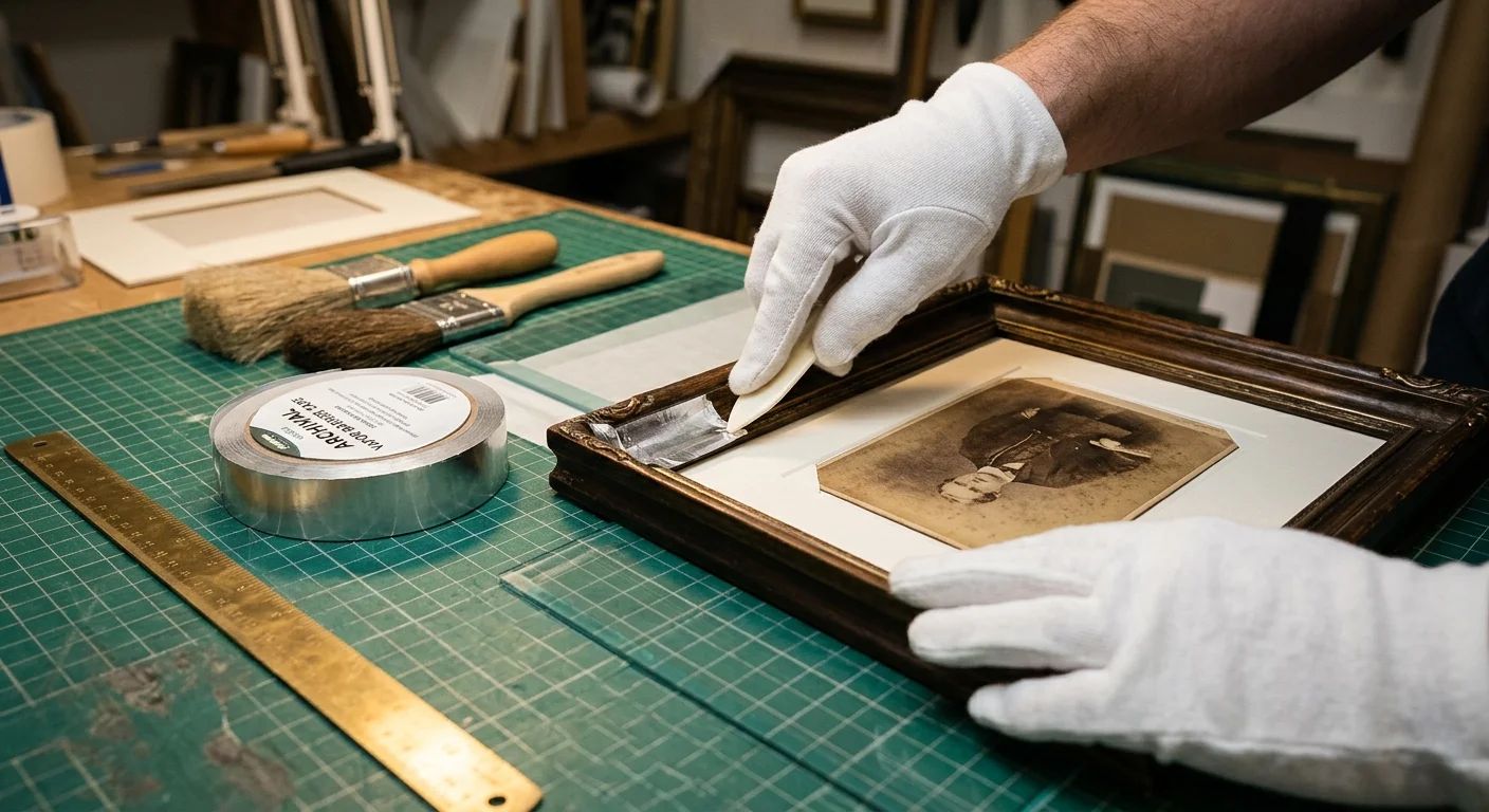 Gloved hands use a bone folder to burnish foil tape onto an antique photo frame on a green cutting mat.