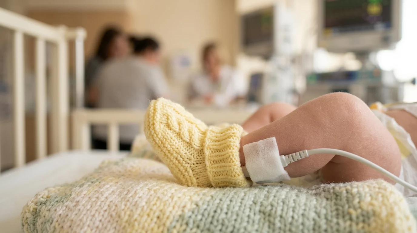 A baby's foot in a yellow knit bootie with a medical sensor wire taped to the ankle rests in a hospital crib.