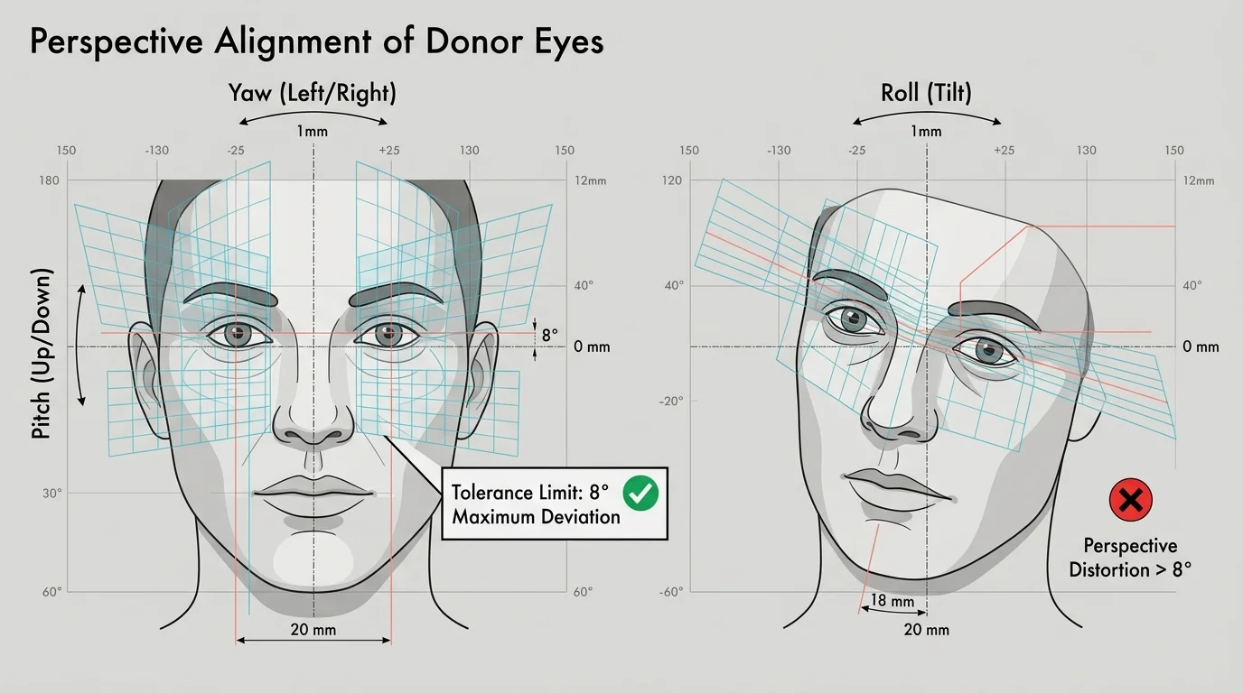 Diagram illustrating perspective alignment of donor eyes showing yaw, pitch, and roll with an eight-degree tolerance limit.