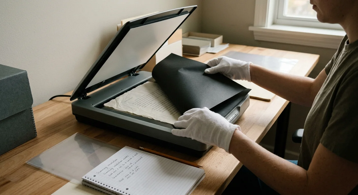 A person wearing white cotton gloves places a black backing sheet over an old document on an open flatbed scanner.