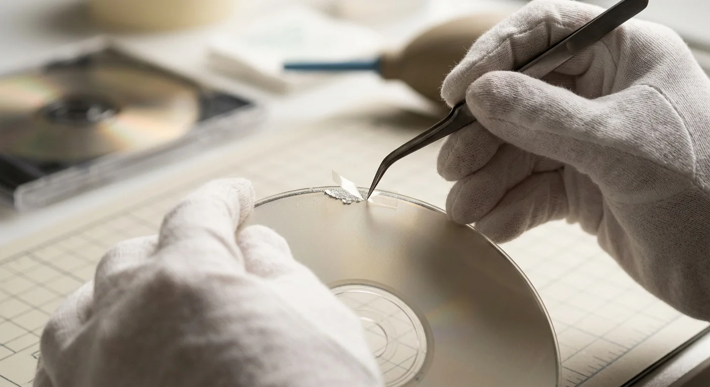 Gloved hands use fine tweezers to carefully apply a clear tape strip to the peeling top surface of a compact disc.