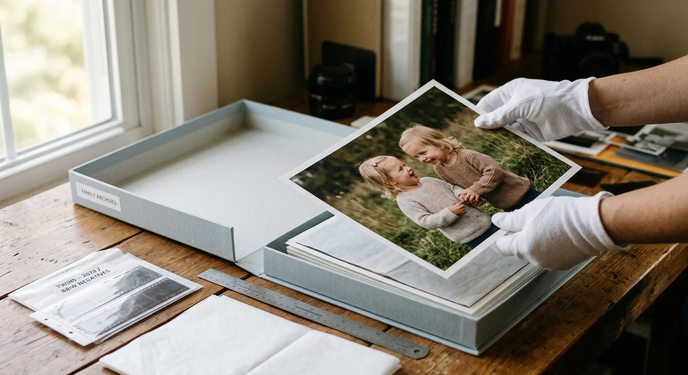 Gloved hands holding a printed photo of two laughing children above an open archival storage box on a wooden table.