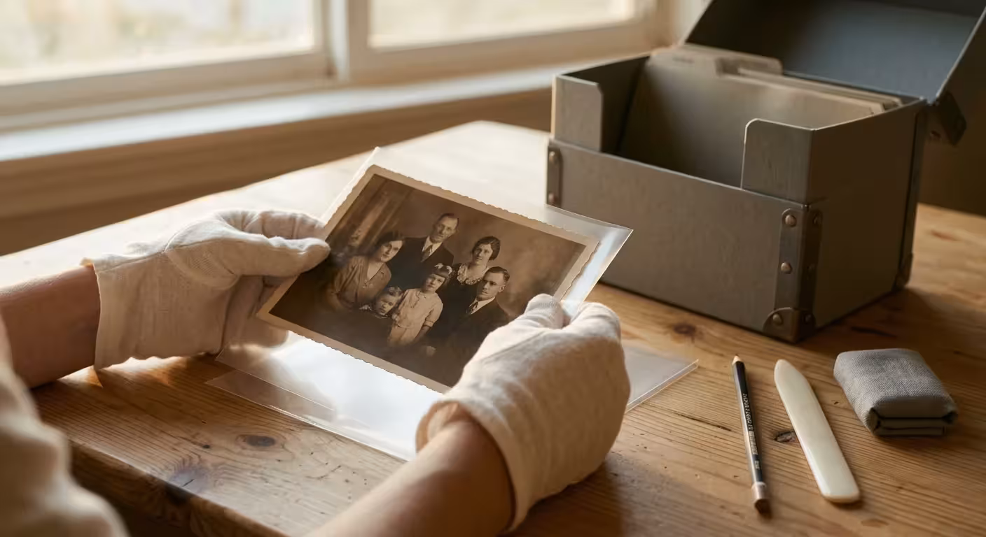 Gloved hands holding an archival sleeve with a vintage family photograph on a wooden desk near an open storage box.
