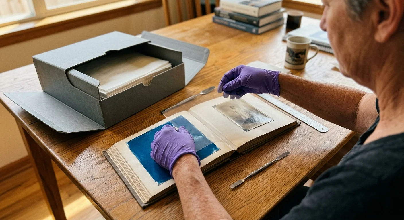 Person in purple gloves handling an open photo album with cyanotypes beside an archival drop-front storage box on a table.