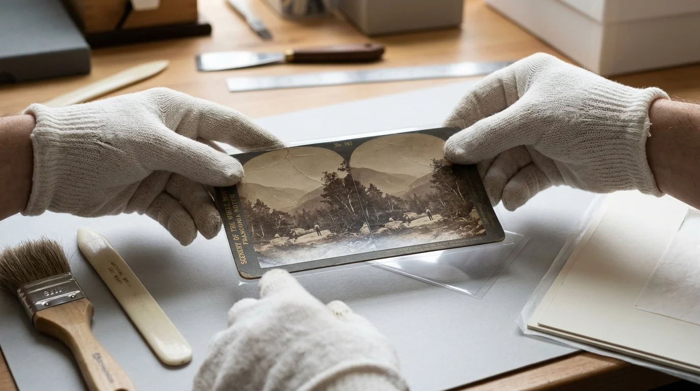 Gloved hands holding an antique stereoview card over a conservation workspace with a brush and bone folder.