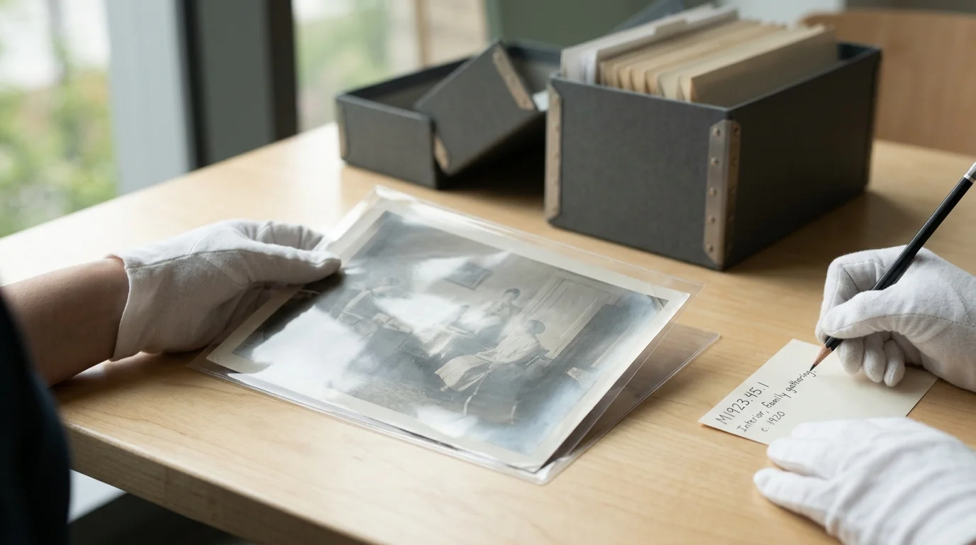 Gloved hands holding a sleeved vintage photograph and writing archival notes with a pencil next to storage boxes.