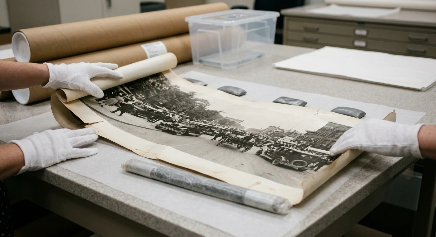 Gloved hands carefully unroll a panoramic black-and-white vintage photograph held down by weights on an archival table.