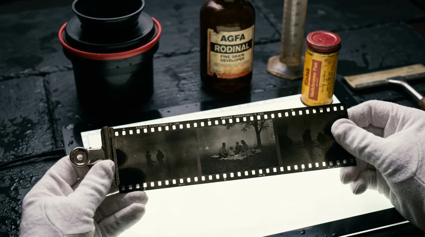 Gloved hands holding a developed black and white negative film strip over a light box near a bottle of Rodinal developer.