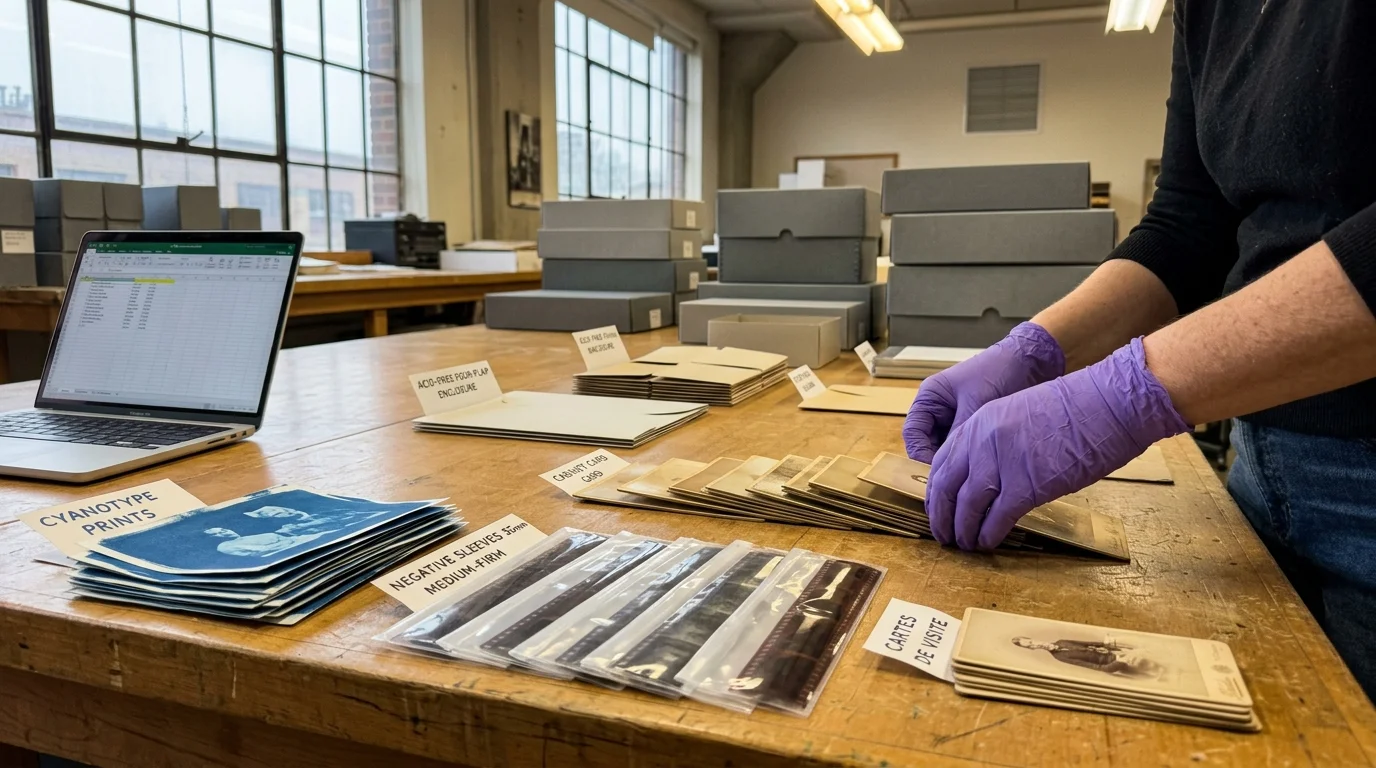 A person in purple gloves organizes historical photographs, film negatives, and sleeves on a wooden table beside a laptop.