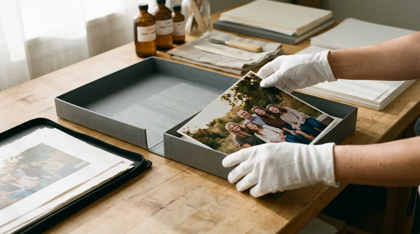 Gloved hands carefully placing a printed family portrait into an archival preservation box on a wooden desk.