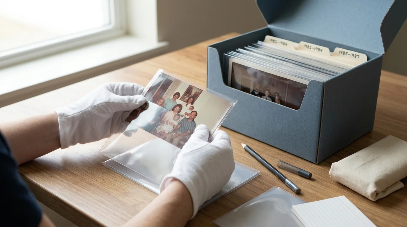 Gloved hands placing a vintage family photo into a clear plastic sleeve beside an archival storage box.
