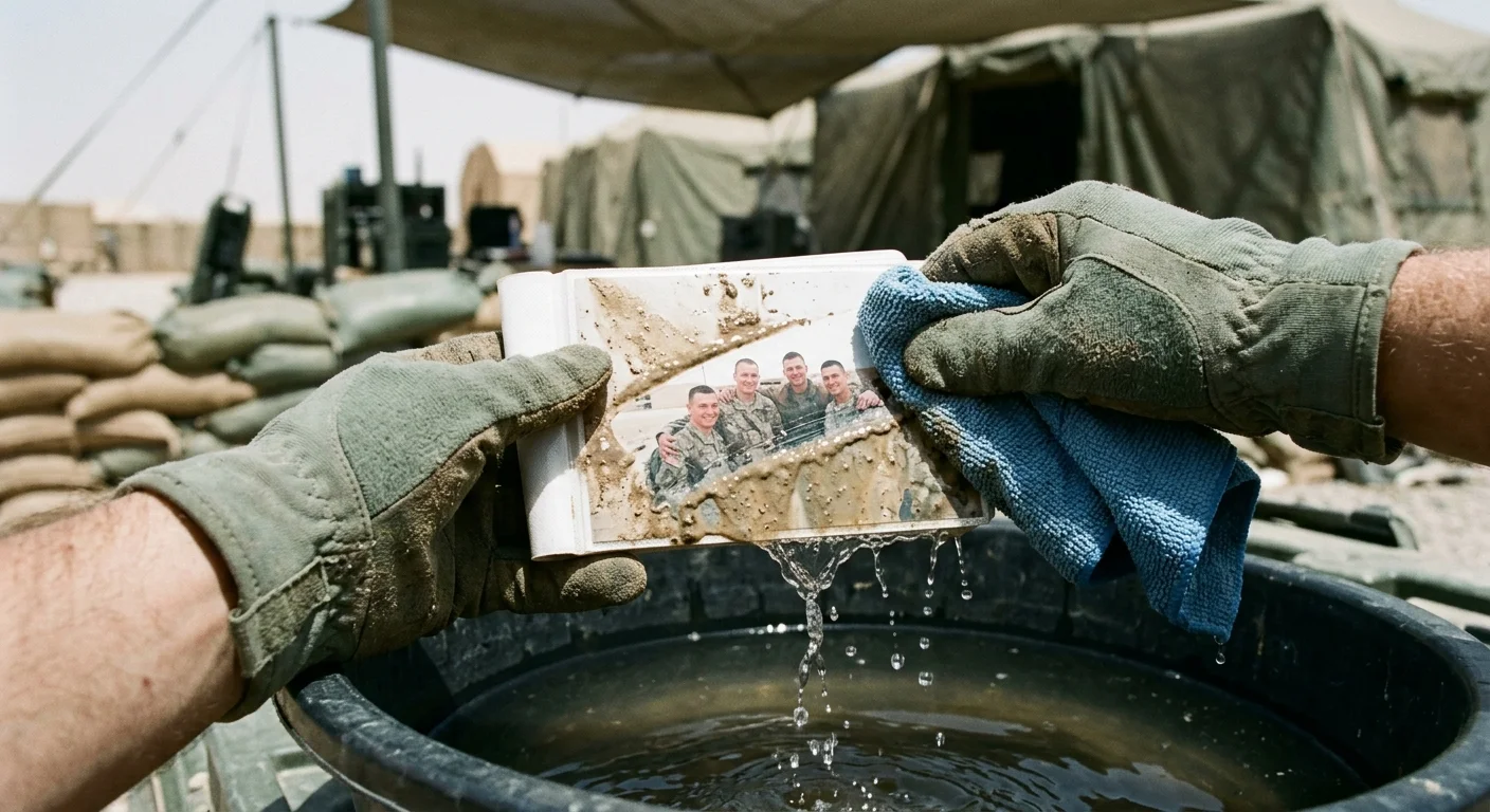 Gloved hands wipe mud off a photo print with a blue cloth over a water basin in a military encampment.