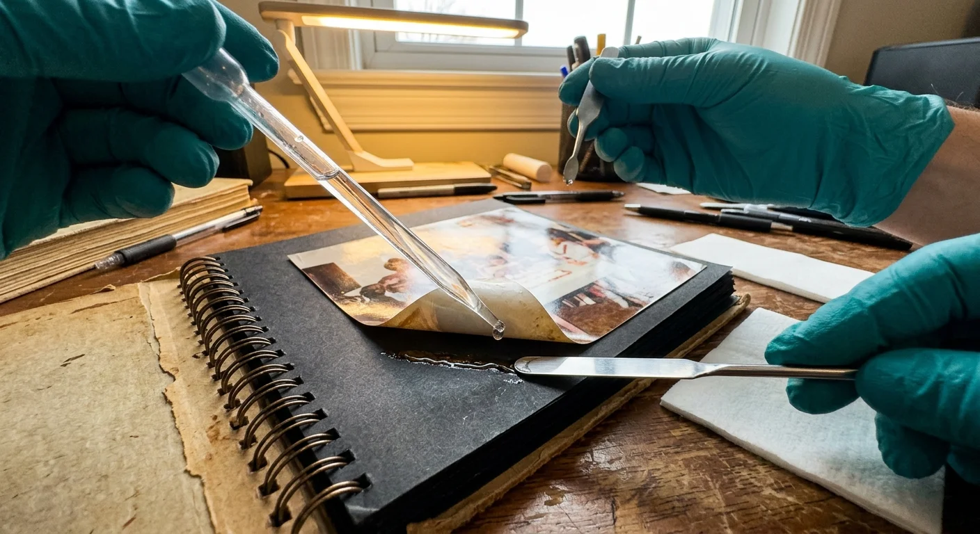 Gloved hands use a pipette to apply liquid droplets under a peeling photo lifted with a metal spatula.