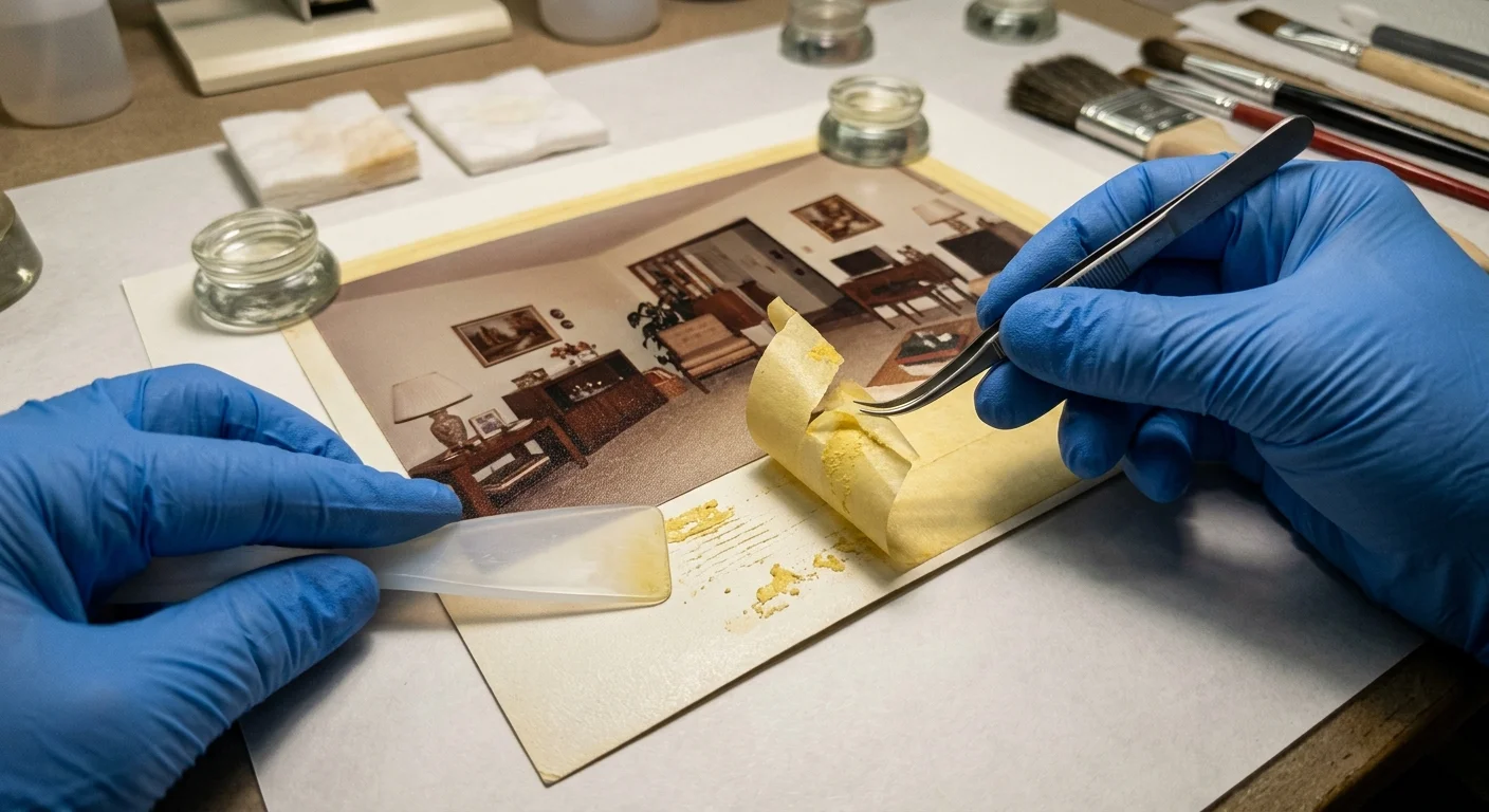 Gloved hands use fine tweezers and a spatula to peel degraded yellow tape from a vintage color photograph.