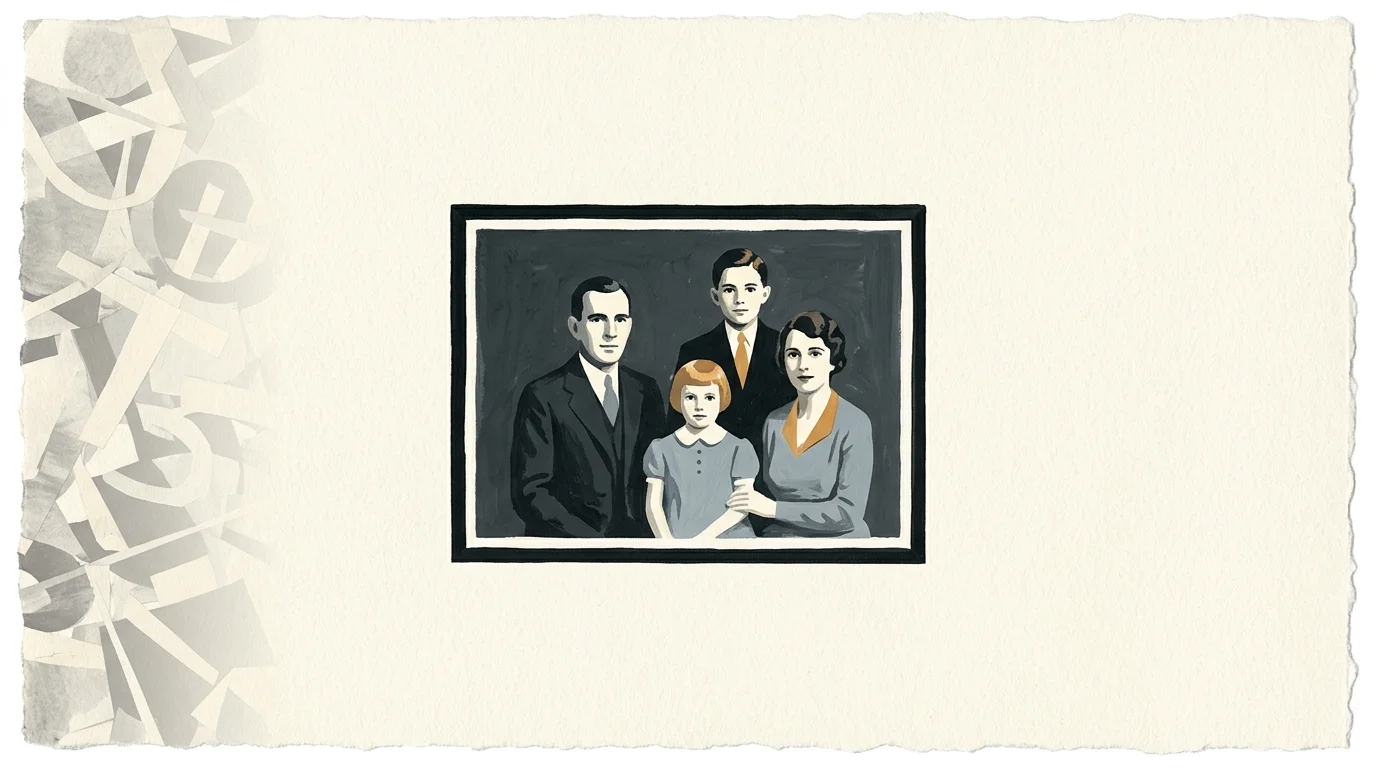 Framed vintage portrait of a family of four centered on a wide textured white page with abstract shapes along the left.