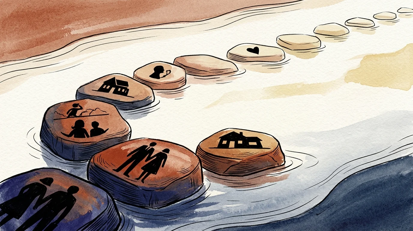 Watercolor illustration of stepping stones across water, marked with black silhouettes of houses, couples, and a heart.