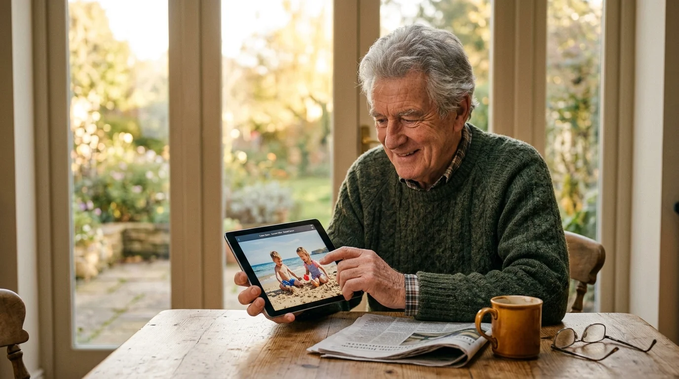 Smiling senior man in a green sweater sitting at a wooden table, pointing at children on a tablet screen.