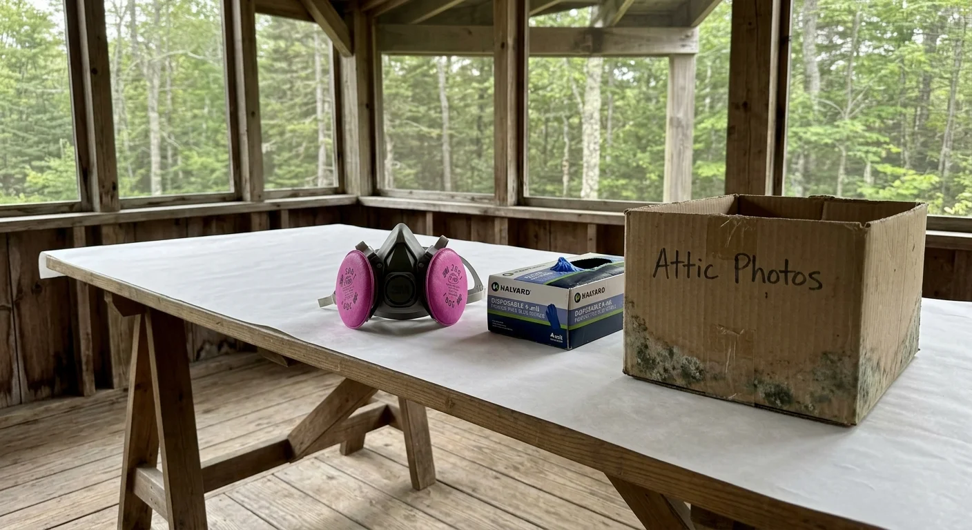 A respirator mask, box of disposable gloves, and a moldy cardboard box labeled Attic Photos on a work table.