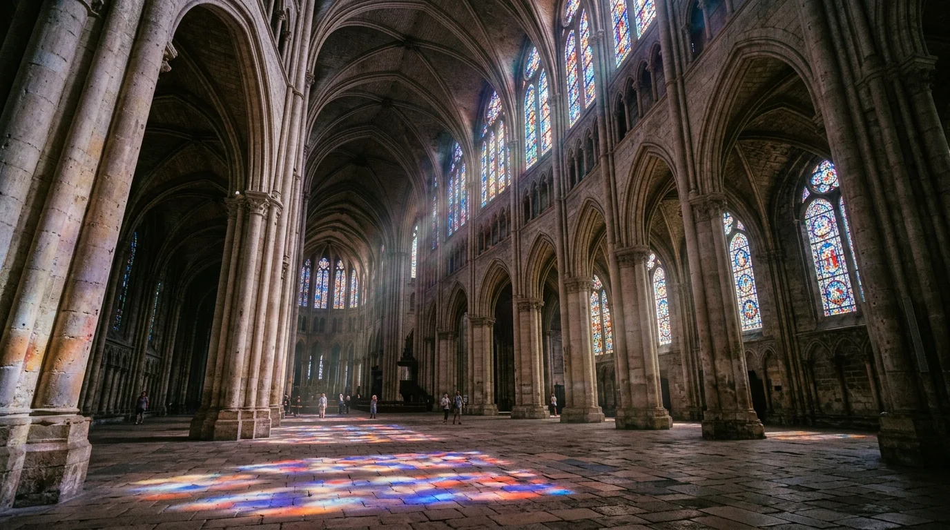High vaulted stone cathedral interior with stained glass windows casting colorful light across the stone floor.