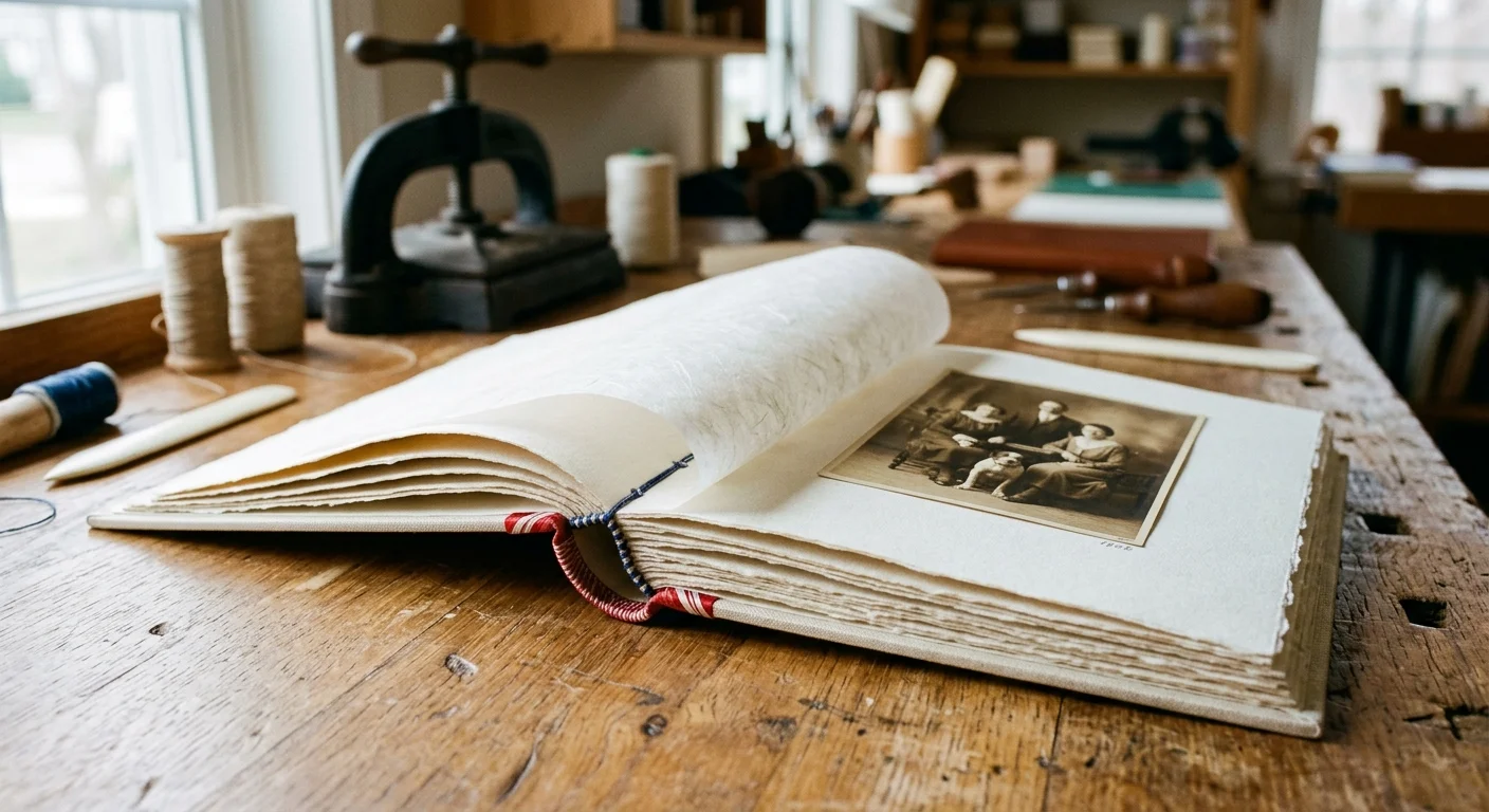 An open handmade photo album with deckle-edge pages and interleaving paper resting on a wooden workbench with bookbinding tools.