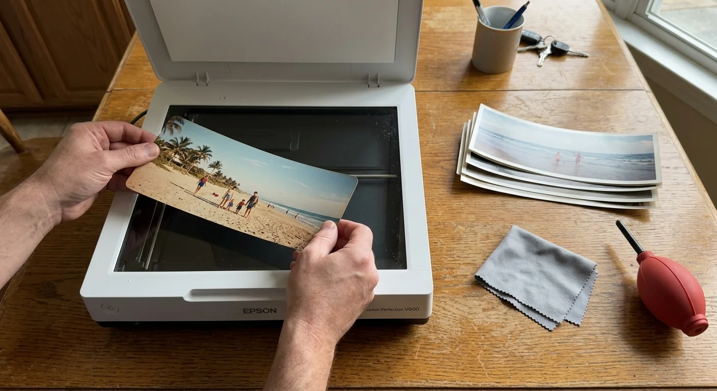 Hands placing a panoramic beach photo onto an open flatbed scanner next to a microfiber cloth and air blower.