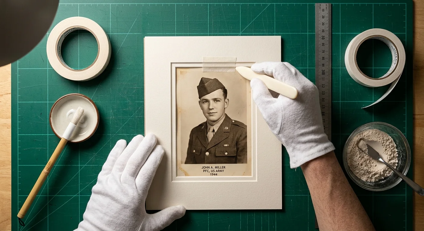 Gloved hands use a bone folder to secure a 1944 military portrait into a white mat on a green cutting mat.