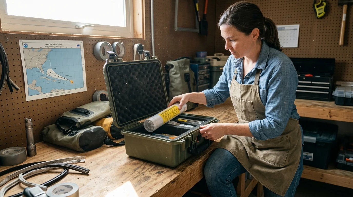 A woman in an apron packs a wrapped tube into an open hard waterproof storage case in a workshop.