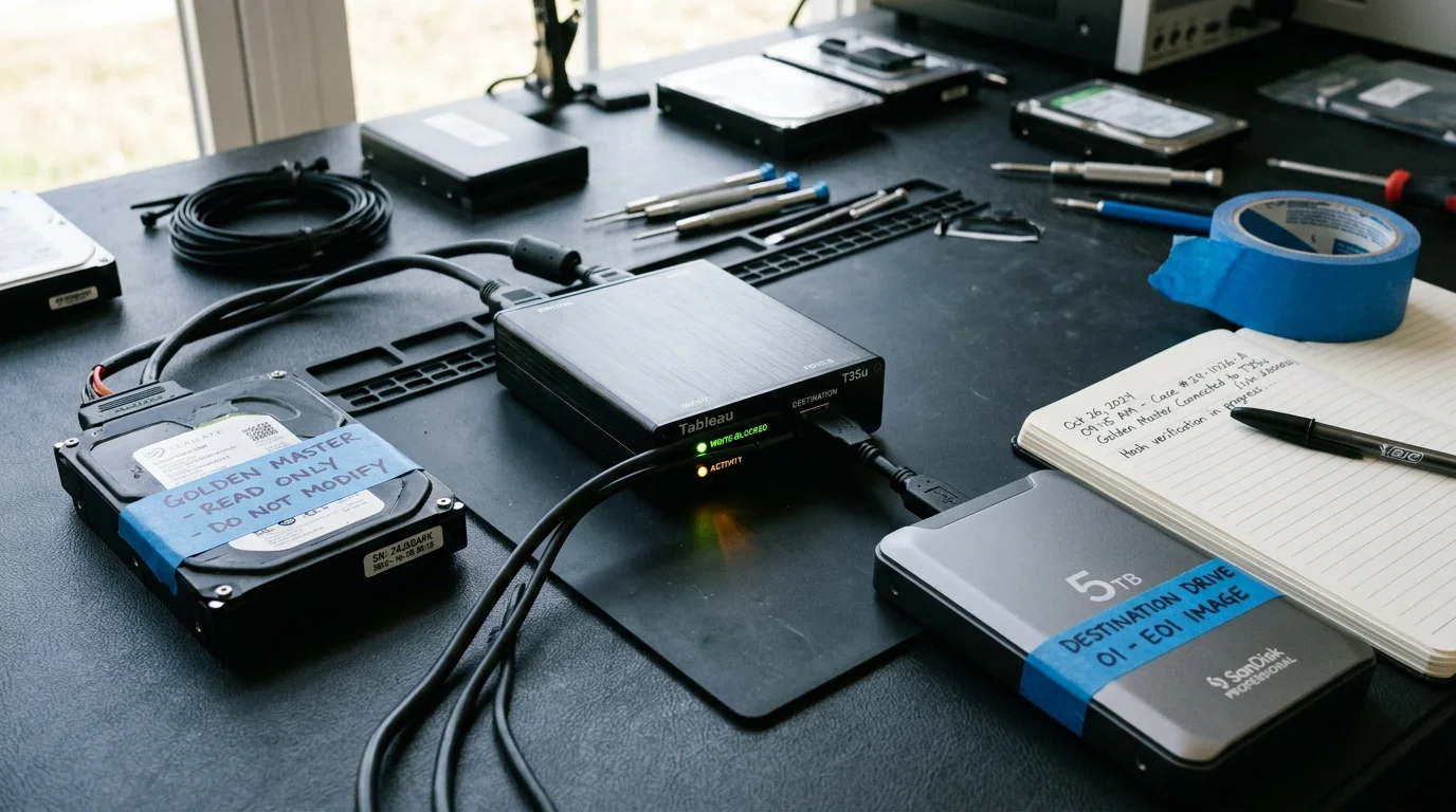 Hard drives connected through a forensic write blocker on a workstation with tools, cables, and an open log notebook.