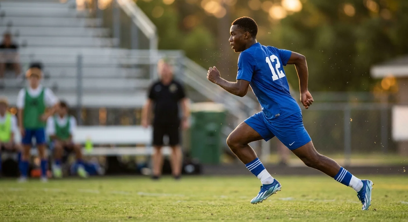 Soccer player in a blue uniform with the number 12 runs across a grassy field past bleachers.