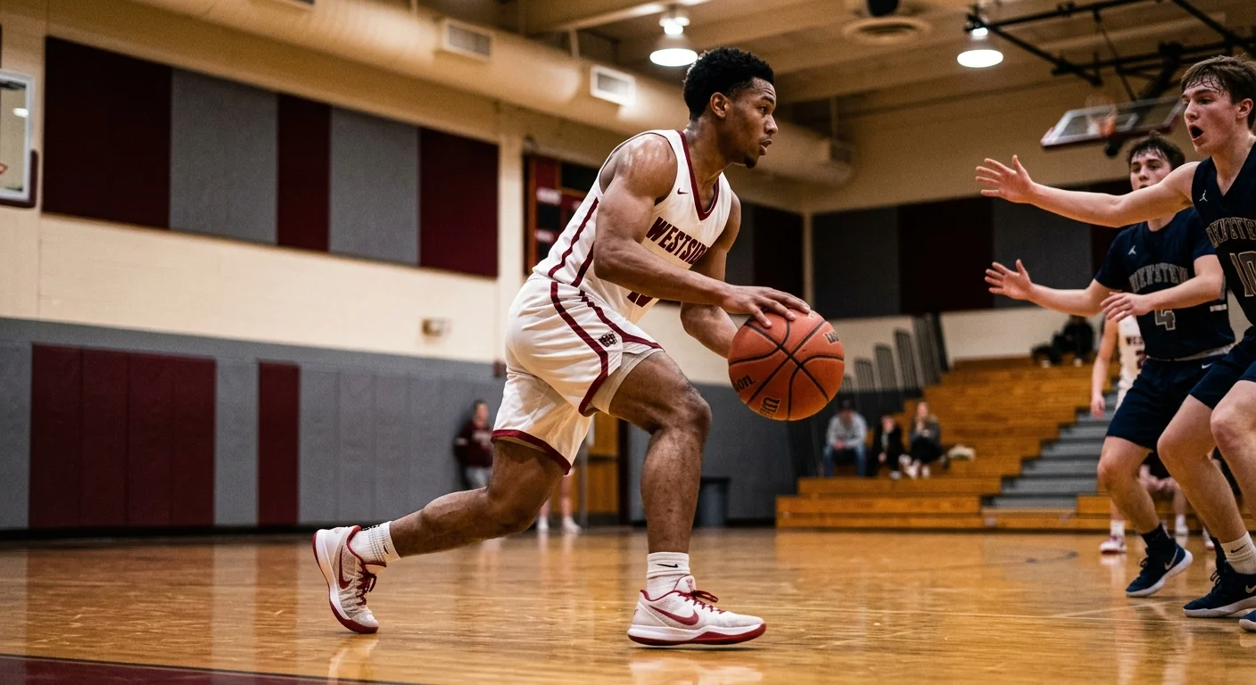 A high school basketball player in a white uniform dribbles across a gym court while defenders approach.
