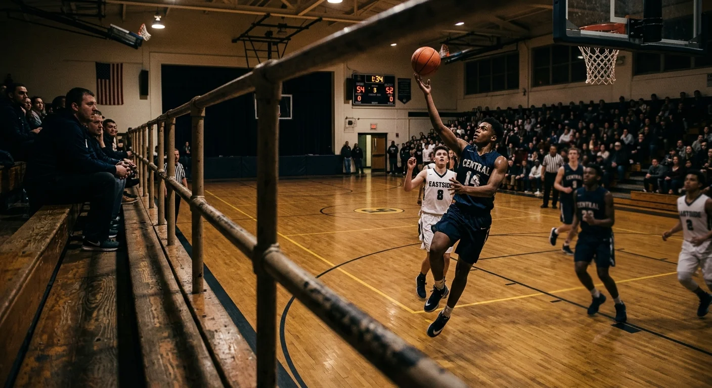 View from wooden bleachers of high school basketball players competing under gym lights as one drives to the hoop.
