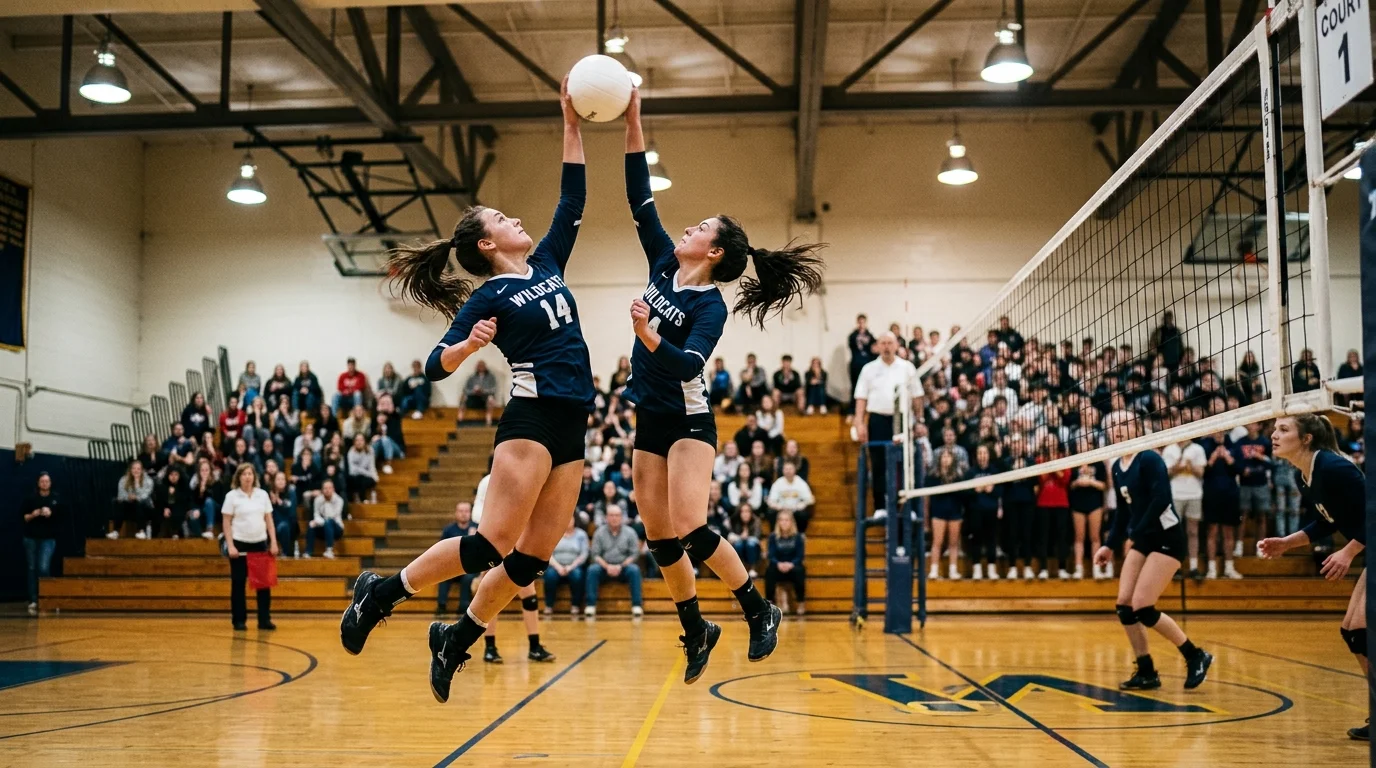 Two high school volleyball players leap together at the net to block a ball in a crowded gymnasium.