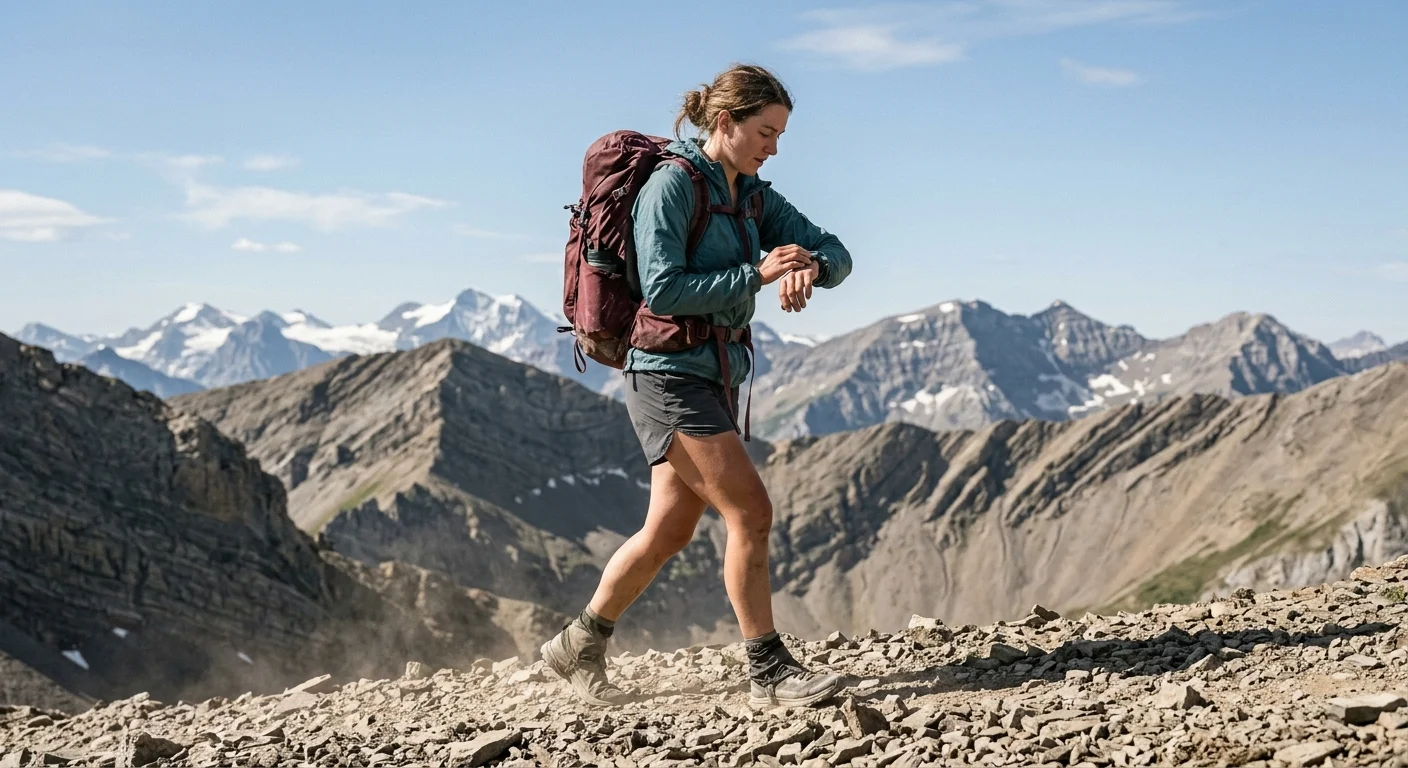A hiker with a backpack walks across a rocky mountain ridge while checking her wristwatch against distant peaks.