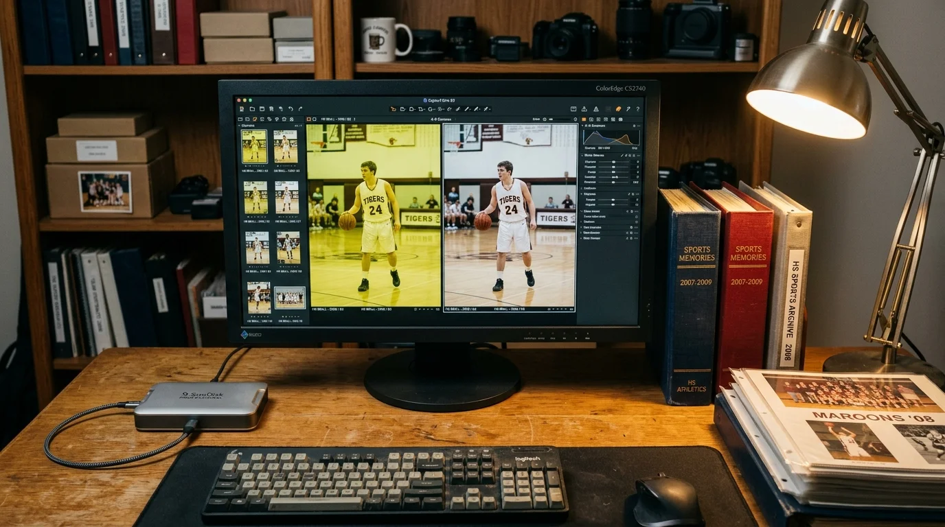 Computer monitor displaying side-by-side color correction of a basketball player photo on a desk with photo binders.