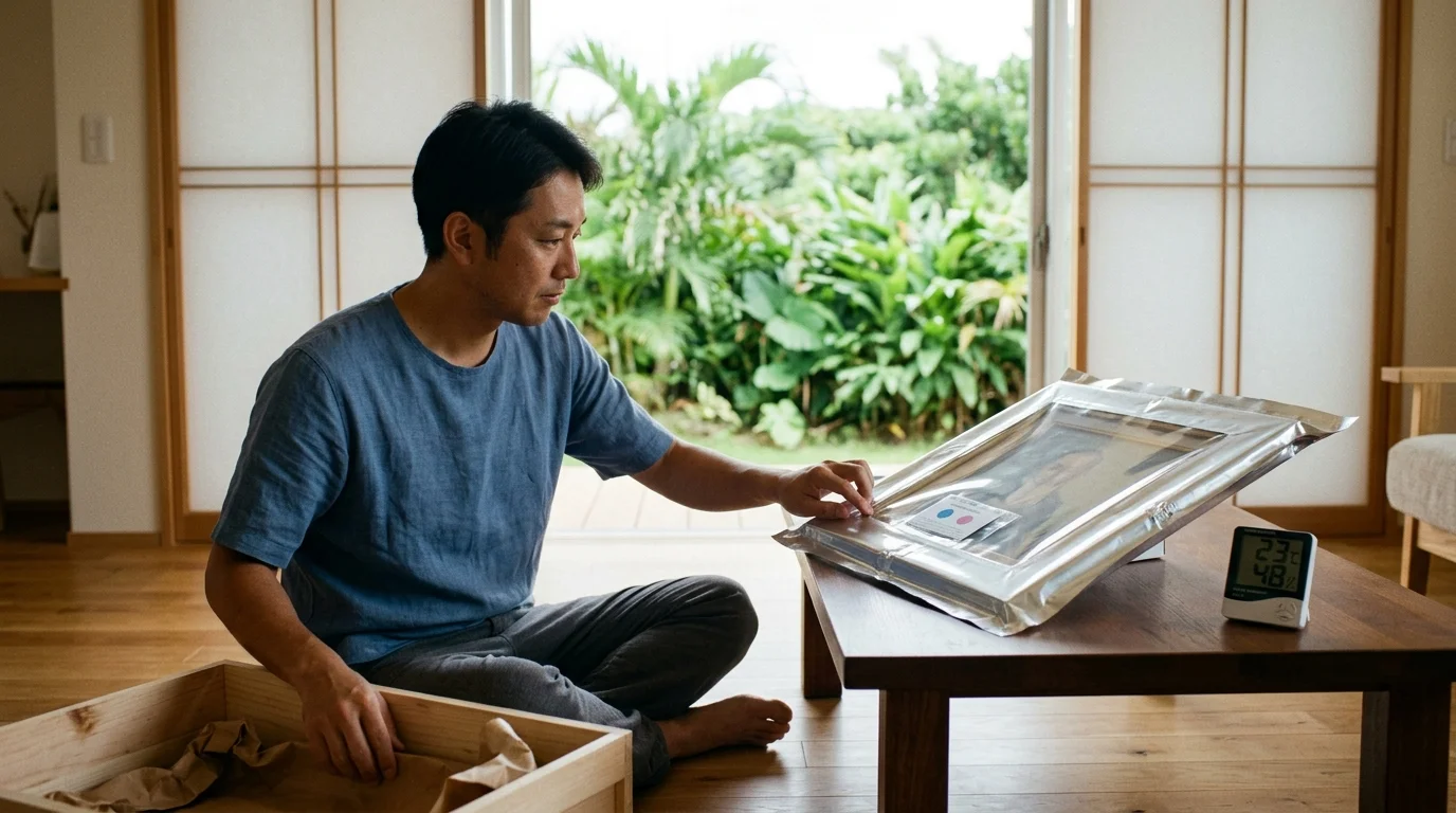 A man sits on a wooden floor examining a framed portrait sealed inside foil packaging next to a digital hygrometer.