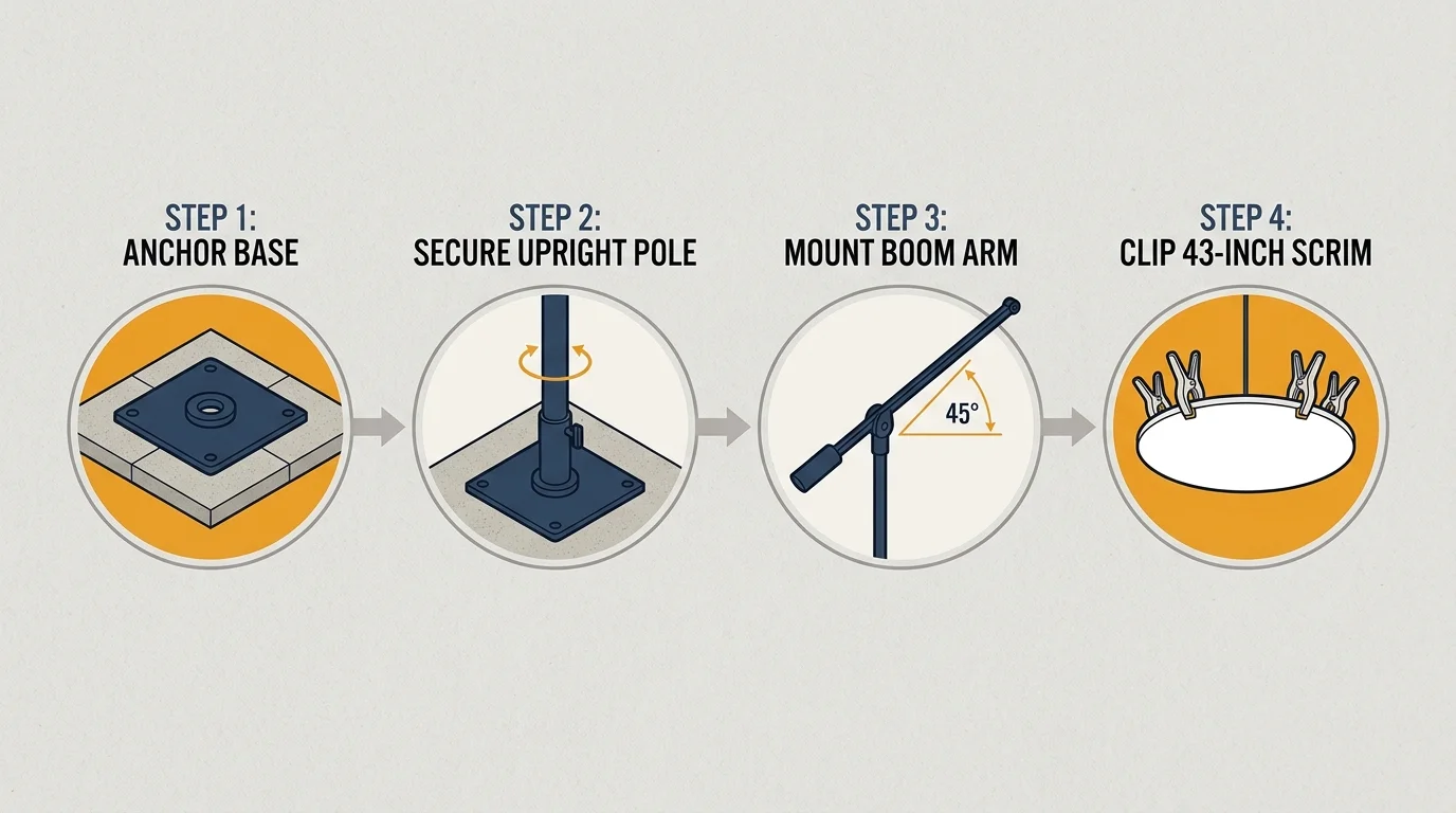 Four-step diagram showing how to anchor base, secure upright pole, mount boom arm at 45 degrees, and clip a 43-inch scrim.