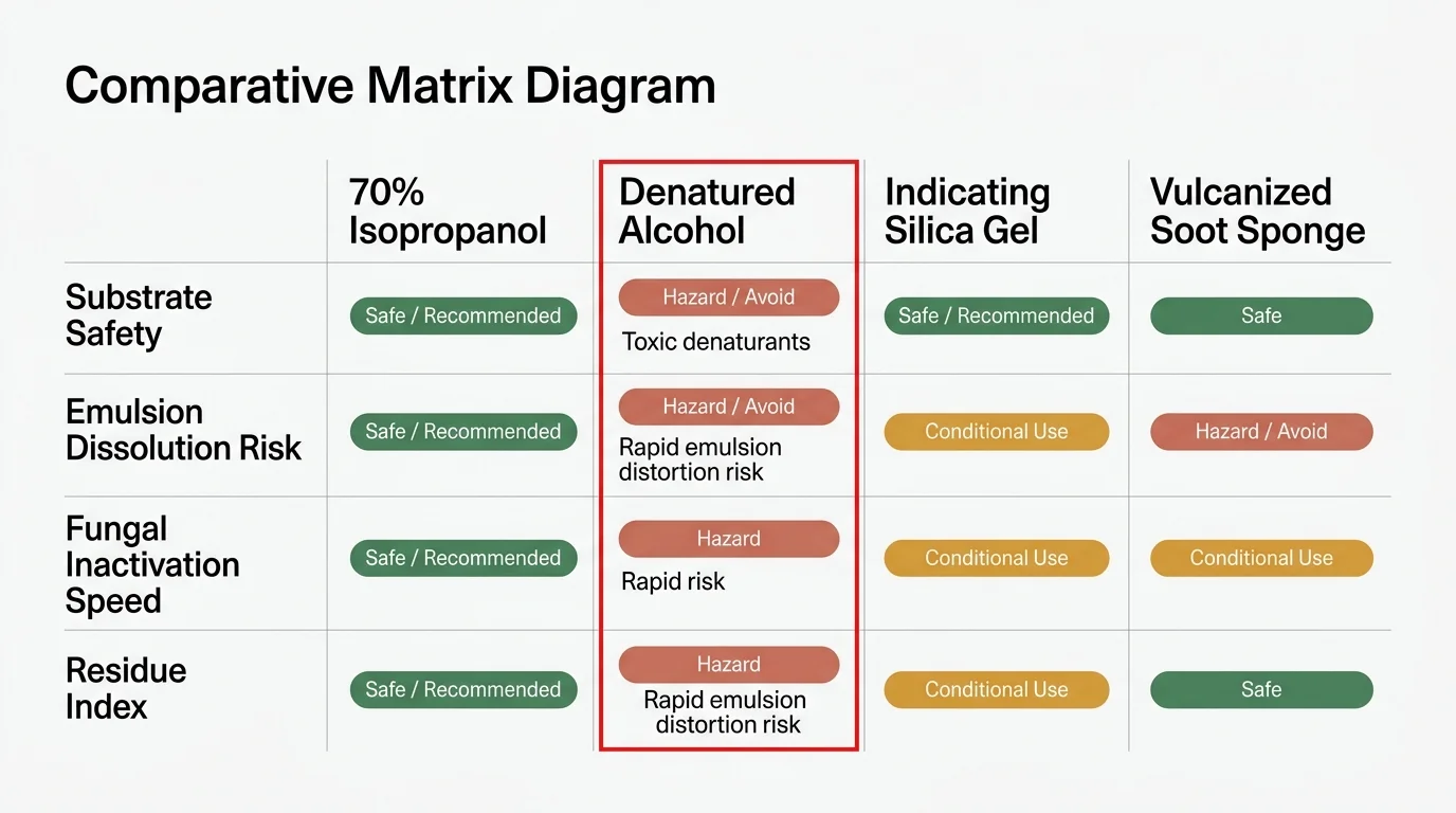 Comparative matrix diagram rating safety, dissolution risk, fungal speed, and residue across four cleaning agents.