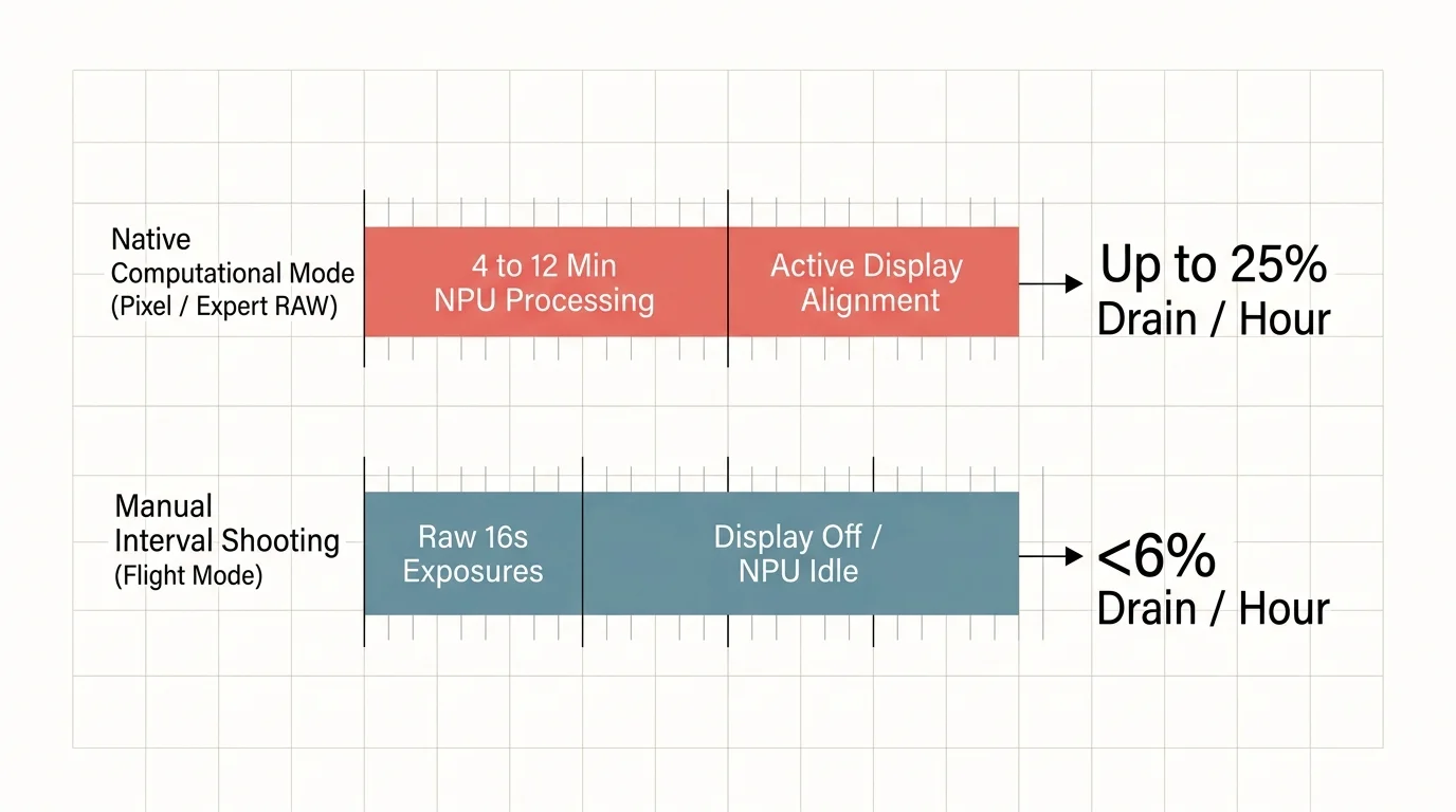 Diagram comparing battery drain rates between native computational modes at up to 25% per hour and manual shooting under 6%.