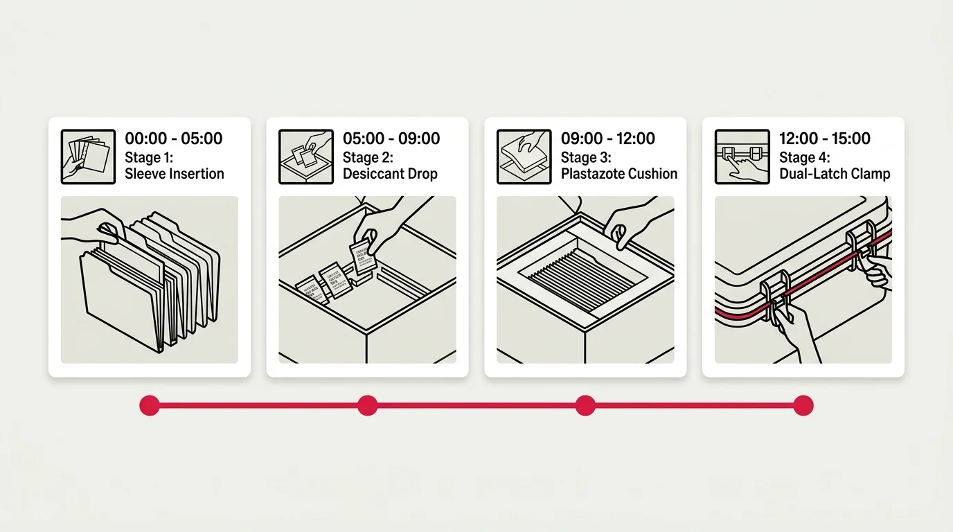 Four chronological panels showing sleeve insertion, adding desiccant packs, inserting foam, and latching a hard case shut.